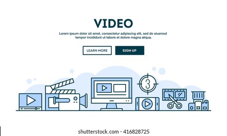 Video making, concept header, flat design thin line style, vector illustration