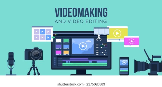 Video making and video editing equipment: computer with video editing software, digital camera, video camera, smartphone and microphone