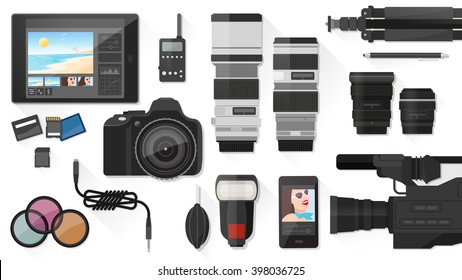 Video making, photography and post production banner with professional equipment, flat lay