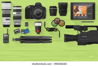 Video making, photography and post production banner with professional equipment, flat lay