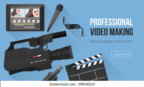 Video Making, Shooting And Editing With Professional Equipment And Video Camera On A Desk