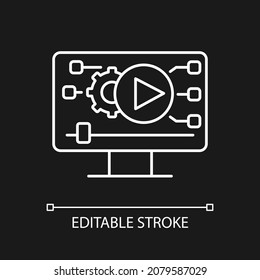 Video making white linear icon for dark theme. Social media content creation. Video marketing. Thin line customizable illustration. Isolated vector contour symbol for night mode. Editable stroke