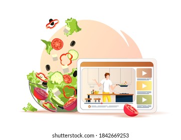 Video de un hombre preparando comida en la cocina en la pantalla del tablet y un bol de ensalada fresca. Blog de comida, cocina, receta, cena, concepto de comida casera. Ilustración vectorial para publicidad, afiche, banner.