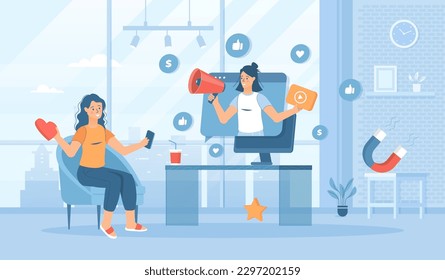 Video marketing. Advertising campaign using viral promo videos, attracting people from social media. Flat cartoon vector illustration with people characters for banner, website design or landing page