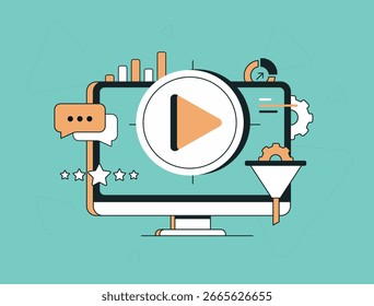 Análise de marketing de vídeo na tela do computador com botão de jogo, gráfico de crescimento e funil de conversão. Participação do público e desempenho da campanha de marketing em vídeo. Ilustração vetorial de promoção digital
