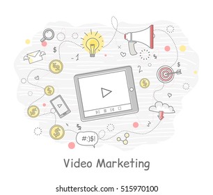 Video marketing. Approaches, methods and measures to promote products and services based on video. Video marketing business flat. Online video, internet marketing technology and media social marketing