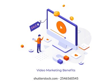 Video Beneficios de marketing Plantilla conceptual isométrica. Video Razones para promocionar un anuncio en la página de Web de la empresa. Diseño de sitio de servicio de agencia de publicidad. Ilustración vectorial creativa 3D para el desarrollo de App