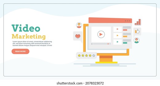 Video marketing for brand awareness, Visual story telling, Video content for social media - flat outline vector illustration with icons