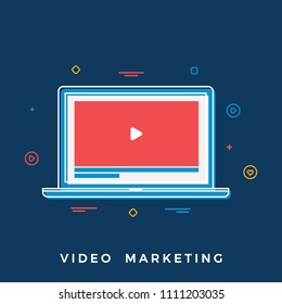 Video Marketing Business Concept.   Flat Vector Illustration of Laptop with Video Player. Flat Banner for Websites, Web Banners