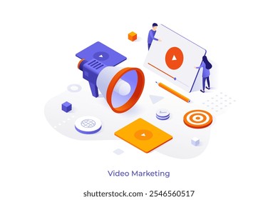 Video Marketing para la Plantilla conceptual isométrica empresarial. Crear contenido para atraer a la audiencia en Internet. Sitio web de agencia promocional. Ilustración vectorial creativa 3D para el desarrollo de páginas de Web