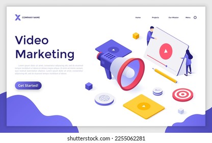 Video Marketing for business isometric landing page template. Creating content to engage audience on internet. Promotional agency website. 3d creative vector illustration for web page development