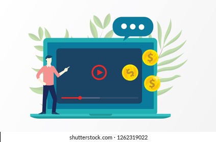 Video Marketing With Business Man Explain On Front Of Laptop And Money Vector Illustration