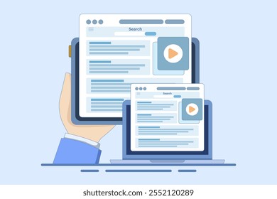 video marketing campaign, video ad, live stream or media clip to promote brand, influencer advertising, content marketing or online digital campaign. flat vector illustration on background.