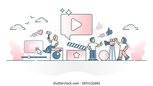 Video Marketing Campaign And Advertisement Filming Project Outline Concept. Promotion Filming For Social Media Movie Vector Illustration. Influencer Product Commercial Presentation Film For Customers.