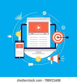 Video marketing campaign, online promotion, digital marketing, internet advertising flat vector illustration. Video tutorials, viral marketing design for web banners and apps