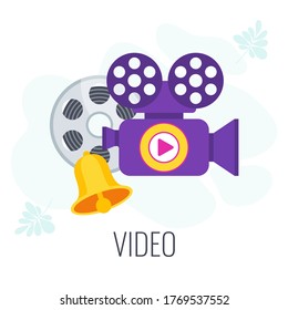 Video marketing. Video channel to the Internet, subscription and alerts. Attracting new subscribers and customers. Animated advertising on the Internet. Flat vector illustration.