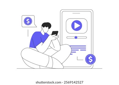 Video marketing. Character creating and posting new video content with business promo, making online advertising campaign. Flat Cartoon Vector Illustration, icon. Stylish abstract