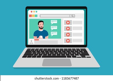 Video marketing coaching, business education online. Youtuber showing technology phone tutorial. Smiling influence video blogger in video. Webinar icon, online training. Eps Vector illustration flat.