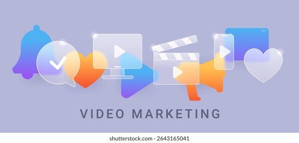 Video marketing composition on gray background. Glass morphism main page vector banner