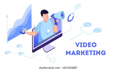 Video marketing concept. Advertising in internet through video content. Advertisement in social network. Isolated vector isometric illustration