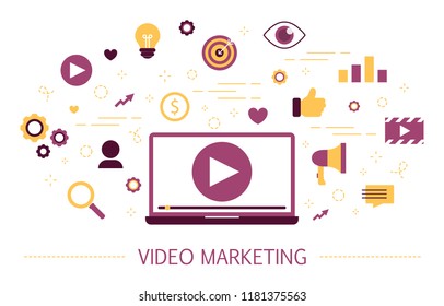 Video marketing concept. Advertising and promotion online in the internet using video content. Digital ads.