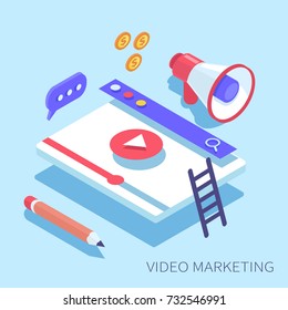 Video Marketing Concept Banner.  Can Use For Web Banner, Infographics, Hero Images.Flat  Isometric Vector  Illustration.