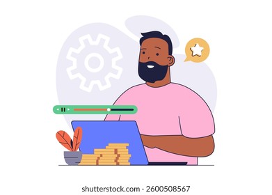 Video marketing concept with cartoon people in flat design for web. Man creating content with product promotion messages, attracting new audience and earning financial profit. Vector illustration.