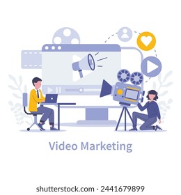 Video Marketing concept. Crafting compelling narratives with video content to boost online engagement and brand love. Cinematic advertising techniques. Vector illustration.