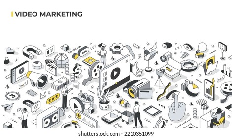 Video marketing concept. Creating and distributing video content online to promote products and services, engage and educate audience. Digital marketing technology. Isometric illustration