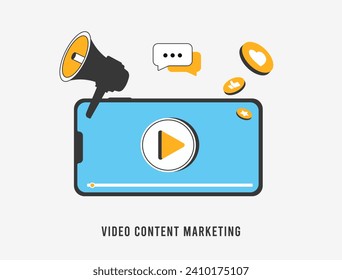 Video Marketing concept. Digital advertising and SEO strategy with video content marketing for small business and personal social media video content. Flat vector illustration on white background