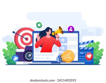 Video marketing concept flat illustration, Blogging, Blogger, social media marketing, e-commerce, Digital Marketing, Advertising, Social media campaign, Promotion, Content strategy