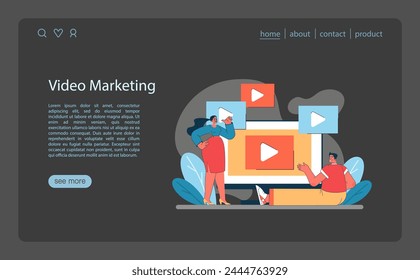 Video Marketing concept. Leveraging dynamic video content for brand storytelling and audience engagement. Modern marketing landscape. Vector illustration.