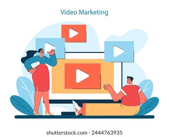 Video Marketing concept. Leveraging dynamic video content for brand storytelling and audience engagement. Modern marketing landscape. Vector illustration.