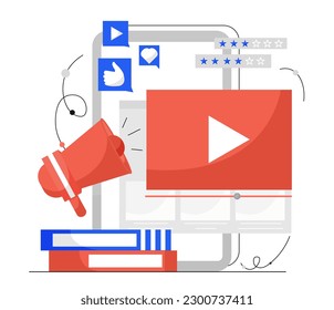 Video marketing concept. Loudspeaker and books near smartphone. Promotion of goods on Internet and social networks, PR campaign. Landing page website template. Cartoon flat vector illustration