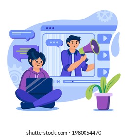 Video marketing concept. Man marketer attracting new audience, promote business. Woman watches video or blogger stream. Template of people scenes. Vector illustration with characters in flat desig