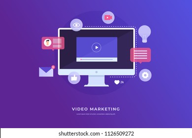 Video marketing concept. Monitor computer and icon video player, email. Digital industry. Vector flat illustration for web banner, infographics.