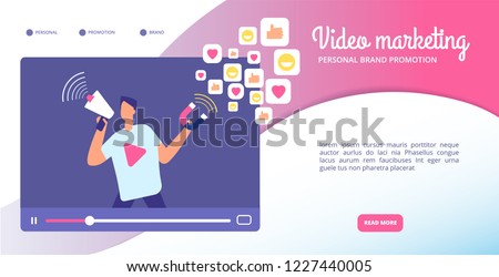 Video marketing concept. Online advertising, streaming vlog and motion graphics. Social media market vector web banner. Illustration of marketing video, internet information and vlog promotion