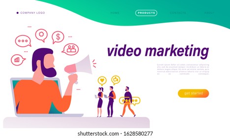 Video marketing concept. People at laptop, man with megaphone metaphor. Landing page design template. Video, media, review, finance icons. Vector flat illustration. 