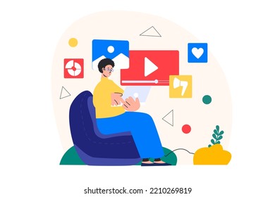 Video marketing concept with people scene in the flat cartoon style. Worker selects cool shots to create a new commercial. Vector illustration.