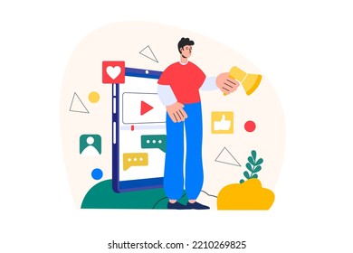 Video marketing concept with people scene in the flat cartoon style. Man talks about new products and services in video. Vector illustration.