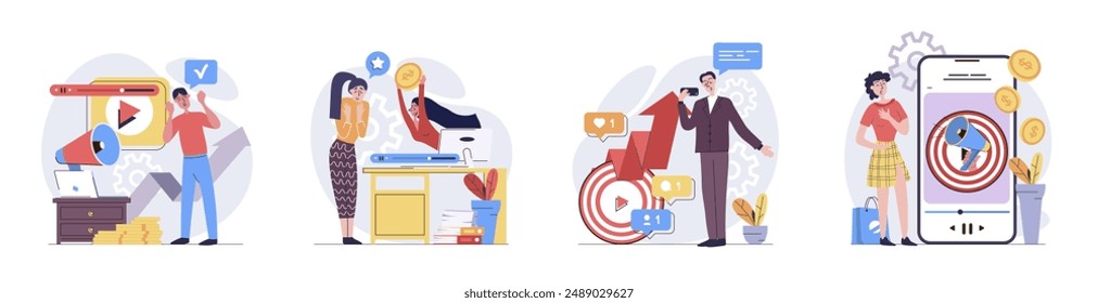 Video marketing concept with people scenes set in flat web design. Collection of character situation with creating advertising video content, posting online, follow analytics. Vector illustrations.