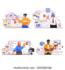 Conjunto de escenas de concepto de marketing de vídeo. Las personas crean contenido de video, analizan datos, hacen campañas publicitarias, atraen a clientes y seguidores. Colección de ilustraciones de vectores en diseño plano de moda