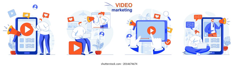 Video marketing concept set. Advertising content creation, video blog promotion. People isolated scenes in flat design. Vector illustration for blogging, website, mobile app, promotional materials.