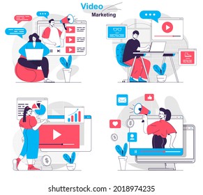 Video marketing concept set. Creation and promotion advertising information video. People isolated scenes in flat design. Vector illustration for blogging, website, mobile app, promotional materials.