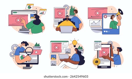 Conceito de marketing de vídeo definido para design na Web. Coleção com pessoas criando conteúdo, fazendo campanhas publicitárias, promovendo em blogs, mais. Ilustração de vetor plano isolada em fundo branco.