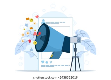 video marketing concept, marketing strategy, business, news, promotion, promo, course, support, announcing a promotion or communicating with employees, community or organization speech.