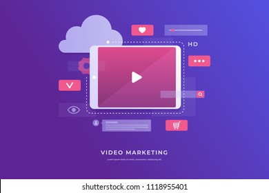 Video marketing concept. Tablet screen with an icon of video player and icons for mobile applications. Innovations and technologies. Vector flat illustration.