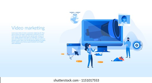 Video marketing Concept for web page, banner, presentation, social media, documents, cards, posters. Vector illustration Digital media Concept , business on line video marketing, social network.