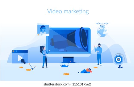 Video marketing Concept for web page, banner, presentation, social media, documents, cards, posters. Vector illustration Digital media Concept , business on line video marketing, social network.