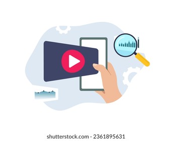 Video marketing content analysis concept. Digital video marketing analytics and statistics. Video analysis vector illustration isolated on white background with icons.